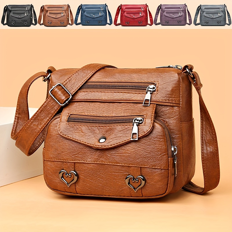 

Retro Multi Pockets Crossbody Bag, Soft Faux Leather Shoulder Bag, Heart Decor Purse For Women