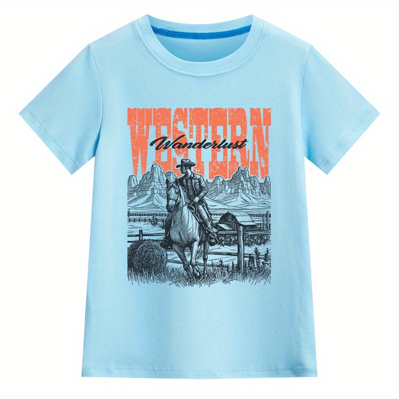 

Vintage Cowboy Print T-shirt- Engaging Visuals, Casual Short Sleeve T-shirts For Boys - Cool, Lightweight And Comfy Summer Clothes!
