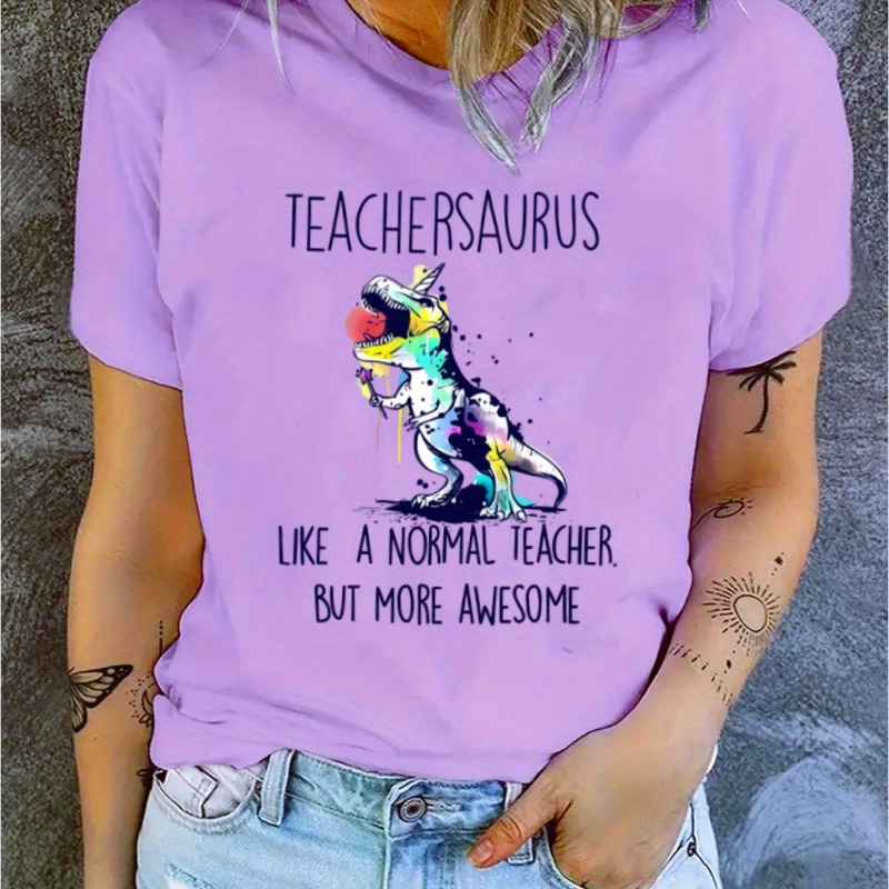 

Cartoon Dinosaur & Letter Graphic Sports T-shirt, Summer Casual Style, Women's Short Sleeve Crew Neck Sports Tee