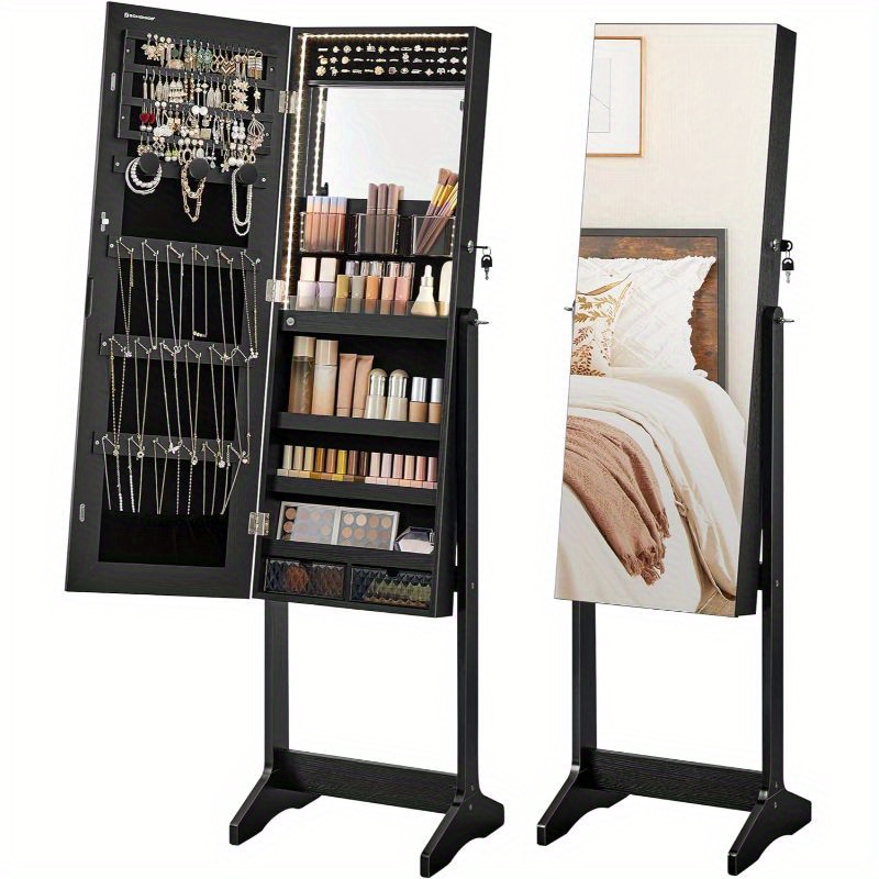 

Songmics Mirror Jewelry Cabinet Standing Armoire Organizer, Jewelry Storage With Full-length Frameless Led Lights, Built-in Makeup Mirror, 2 Drawers, Lockable, 14.4"dx16.2"wx60.6"h