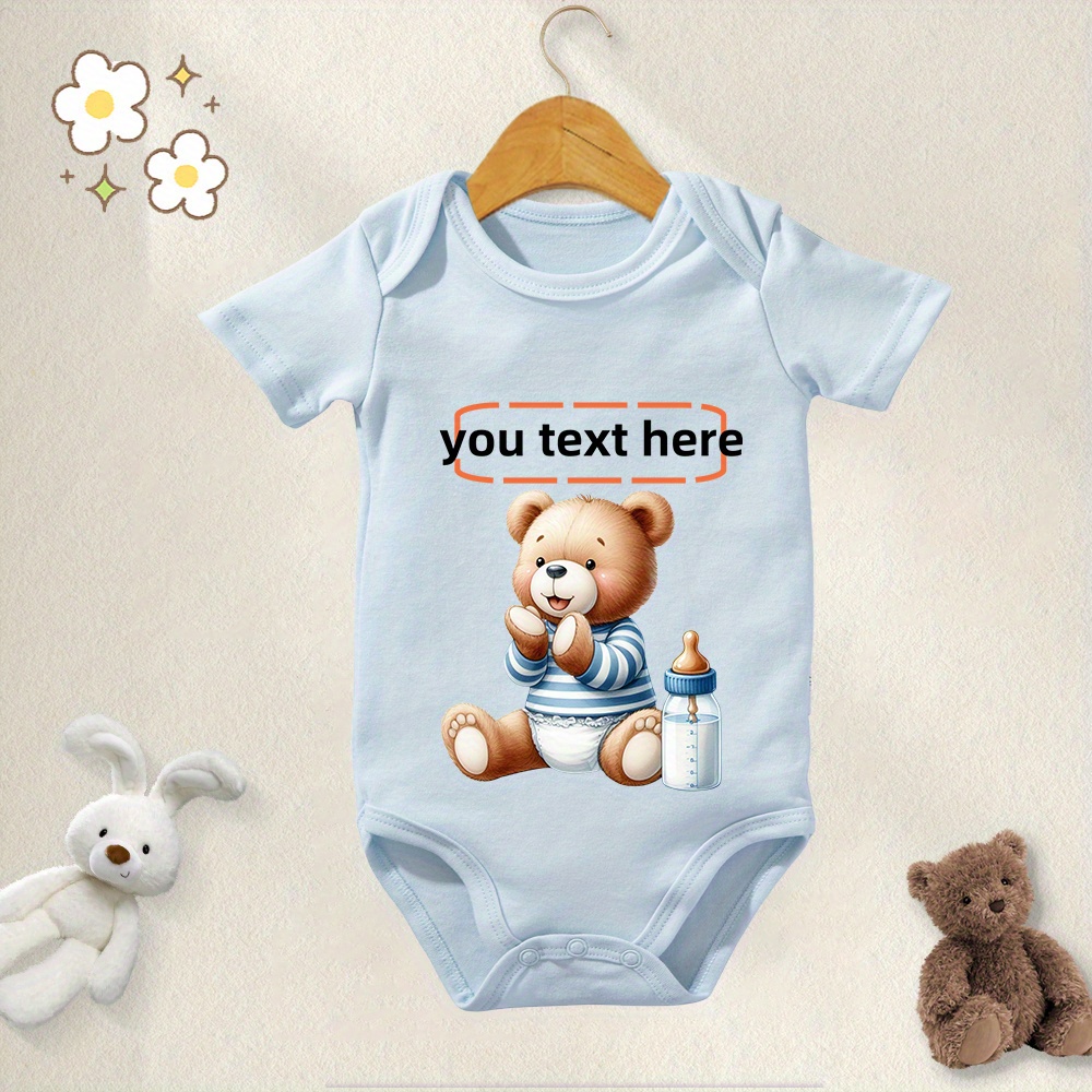 

Baby Boys 100% Cotton Onesie Customized Text Cute Bear Print Bodysuit Newborn Short Sleeves Romper Onesies