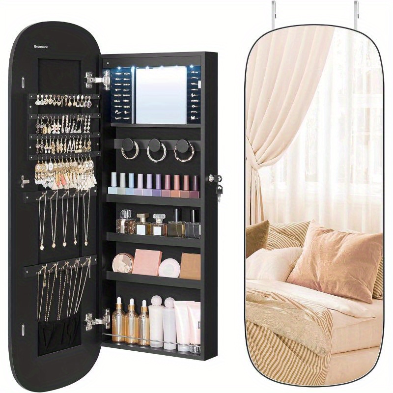 

Home, Led Jewelry Organizer Cabinet Wall Or Door Mounted, Lockable Rounded Wide Mirror With Storage, Interior Mirror, Mother's Day Gifts Black Surface With Greige Lining