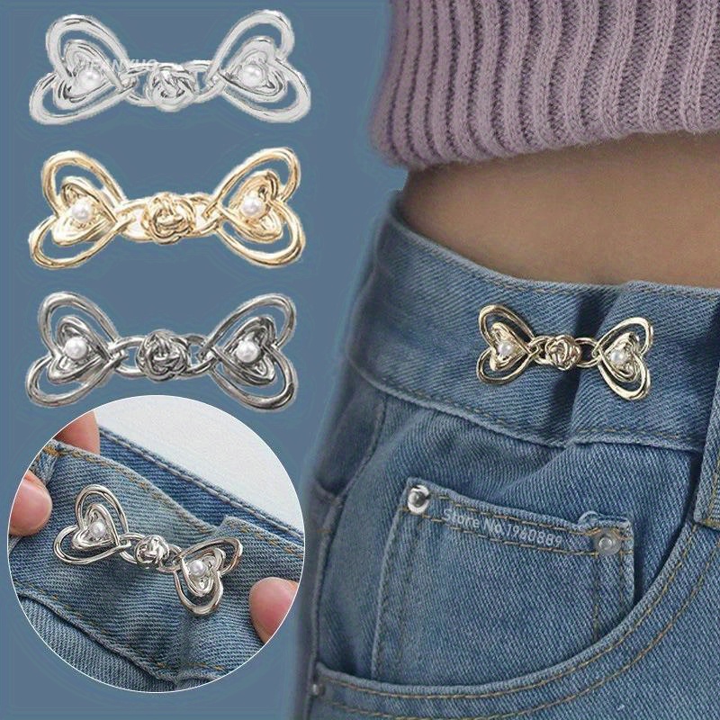 

3 Pairs Adjustable Waist Cincher Clips Toward Jeans & Skirts - No-sew Heart Buckle, Durable Metal, Multipurpose Fit In Gold/silver/black