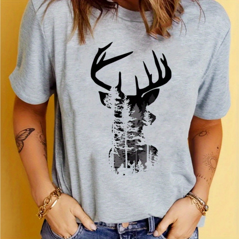 

Women's Fashion Casual Round Neck T-shirt With Deer Graphic, Sporty Style, Soft Summer Tee For Everyday Wear