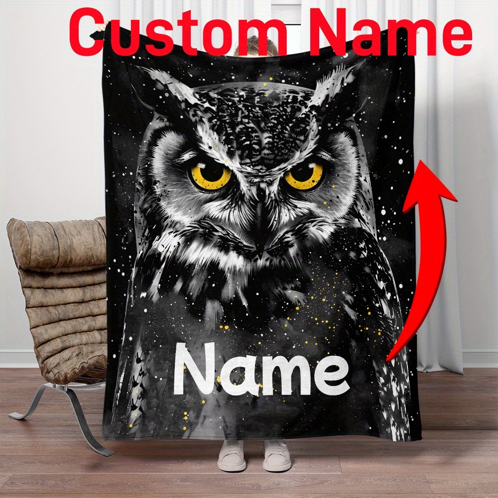 

Custom Name Owl Blanket - Personalized Jacquard Weave Flannel Throw, Polyester Fiber, Ideal For Sofa, Bed, Travel, Camping, Office - All-season Lightweight Warm Fleece, Machine Washable