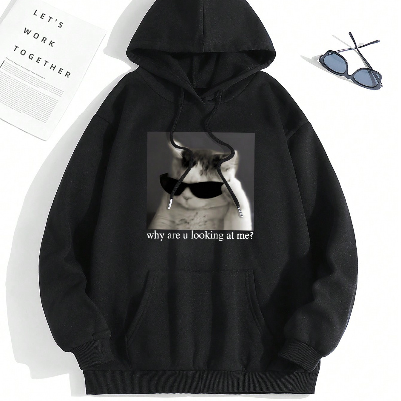 

Cat Print Kangaroo Pocket Hoodie, Casual Long Sleeve Drawstring Hoodies Sweatshirt, Women's Clothing