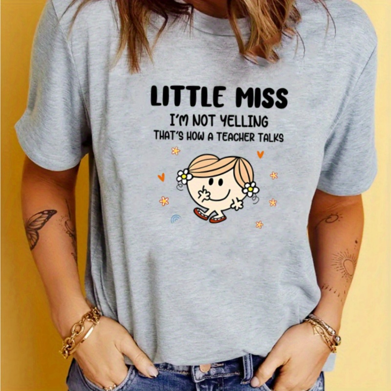

Women's Fashionable Cartoon "little Miss" Graphic T-shirt, Casual Round Neck Short Sleeve, Sporty Style Breathable Tee