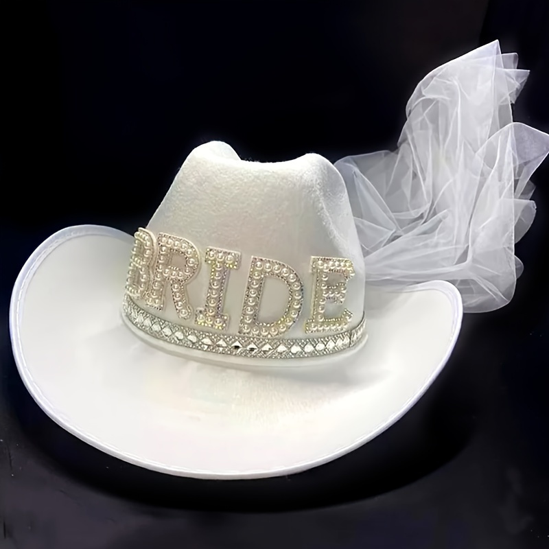 

Elegant White Bridal Cowboy Hat With Veil & Rhinestone 'bride' - Perfect For Bachelorette Parties, Weddings & Photo Props