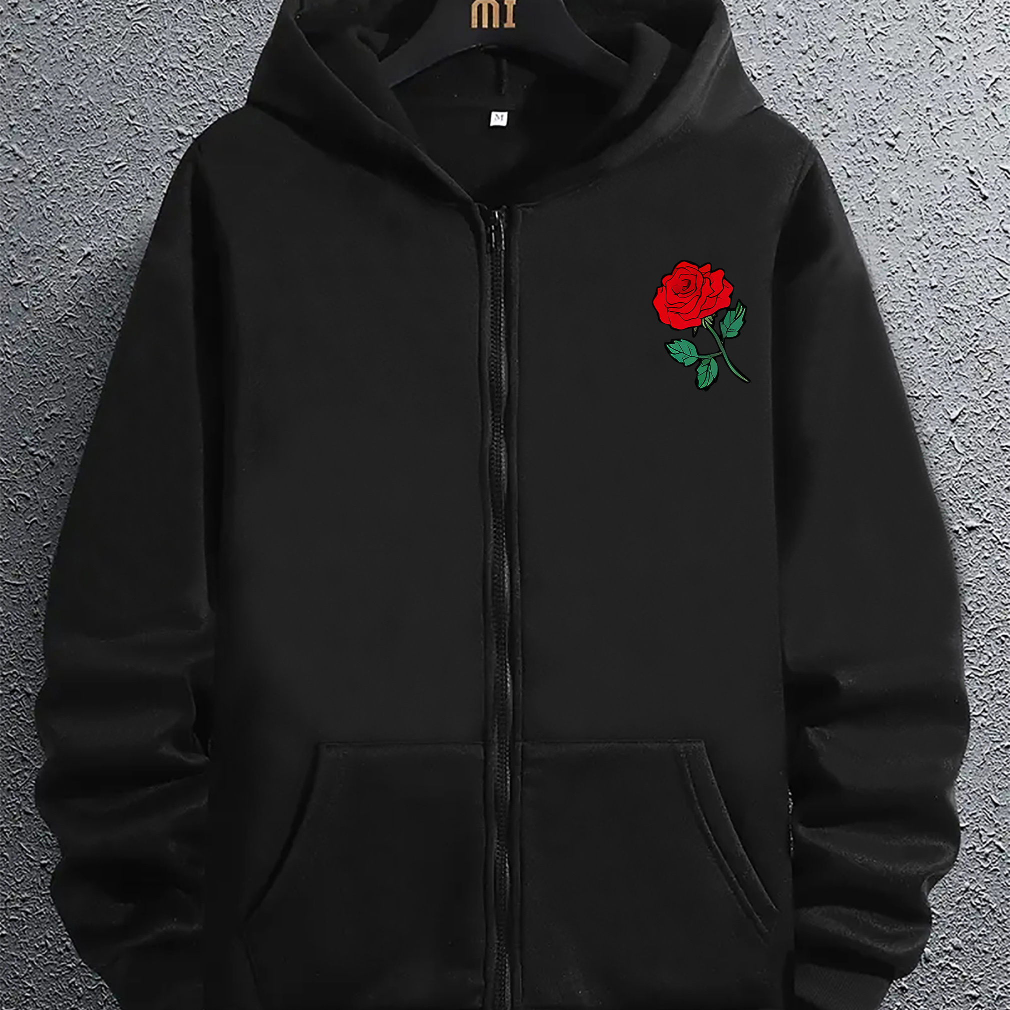 

Men's Stylish Zip-up Hoodie With Fancy Rose Print For Spring And Autumn, Comfortable And Trendy