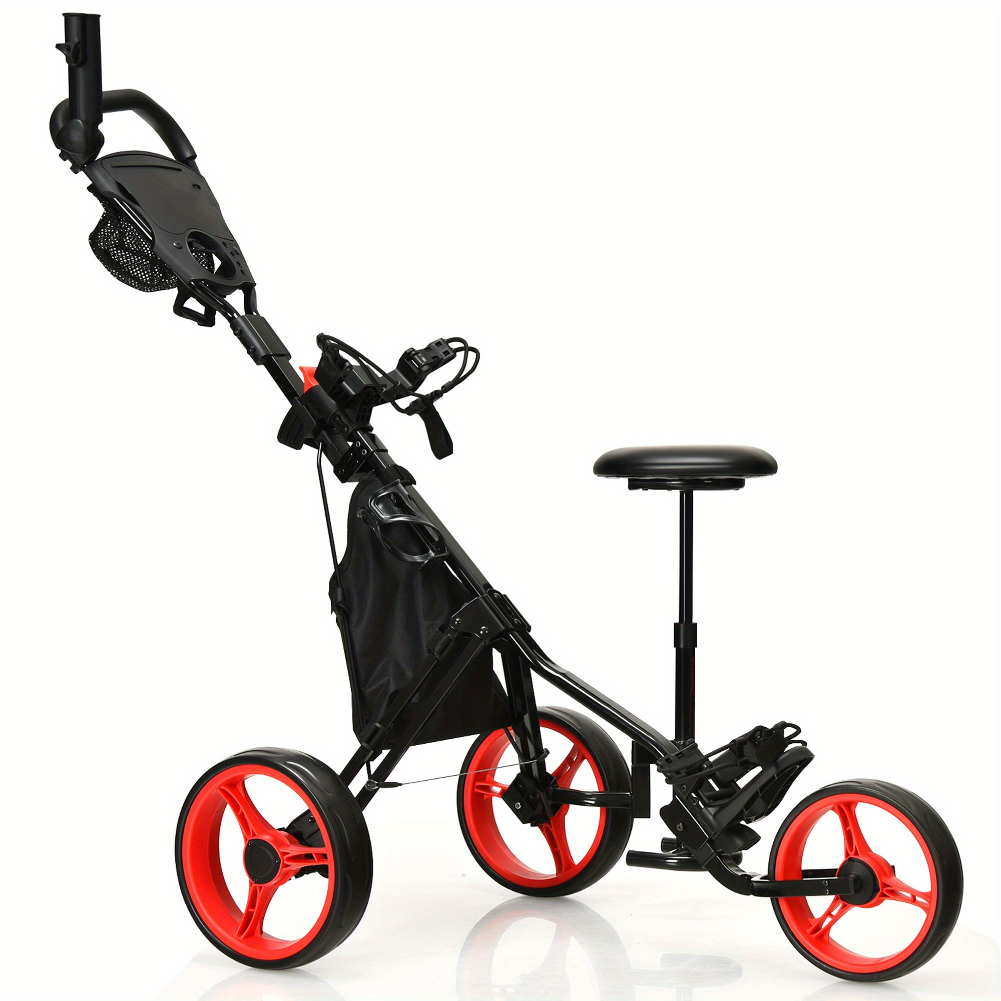 

Gymax 3-wheel Foldable Golf Push Pull Cart, Trolley W/ Seat Adjustable Handle