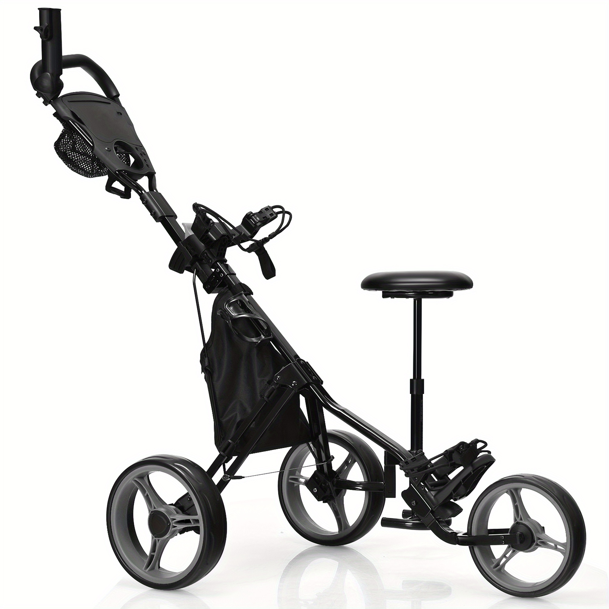 

3-wheel Foldable Golf Push Pull Cart Trolley W/ Seat Adjustable Handle Grey