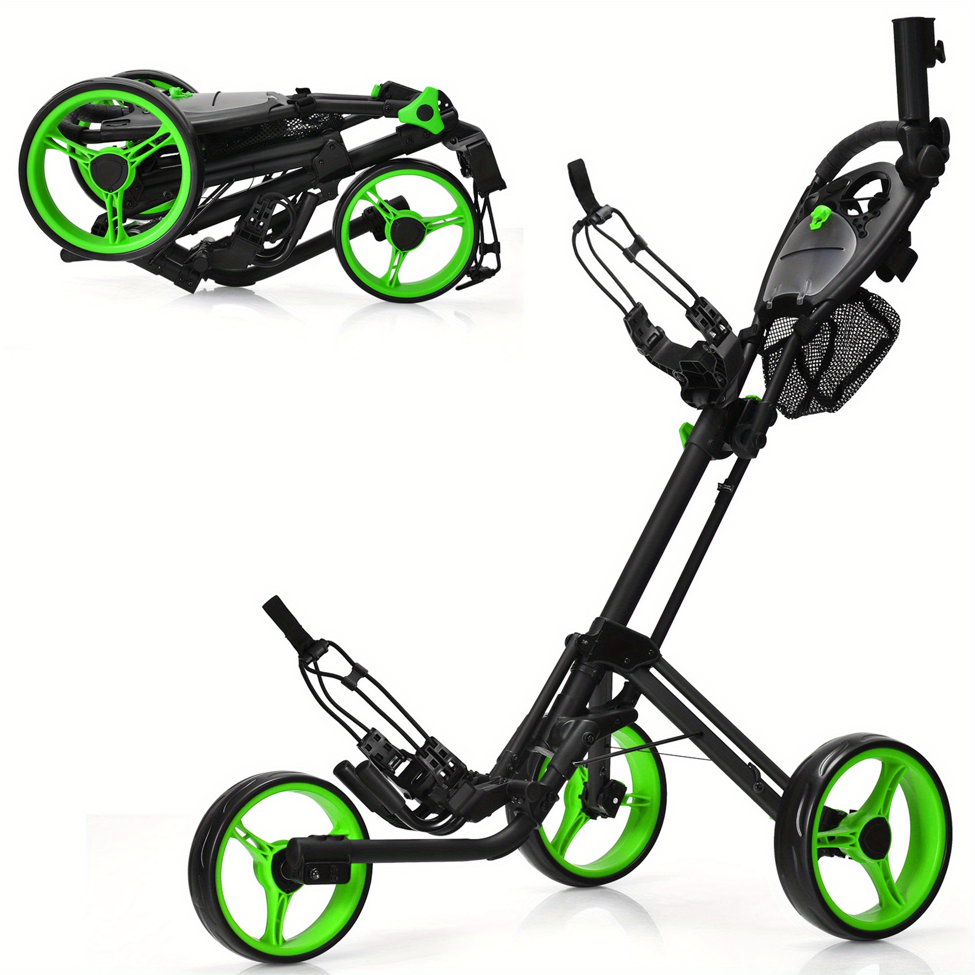 

Gymax 3 Wheels Foldable Golf Push Pull Cart Trolley W/ Mesh Bag Foot Brake Green