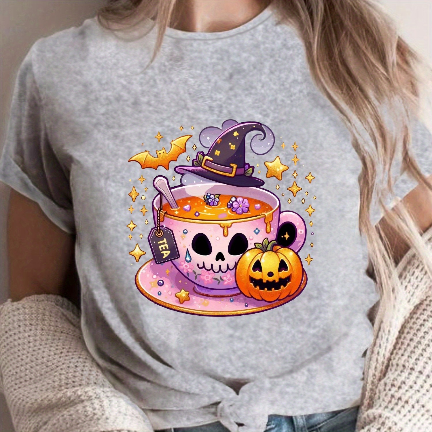 

Halloween Pumpkin Print Crew Neck T-shirt, Casual Short Sleeve T-shirt For Spring & Summer, Women's Clothing