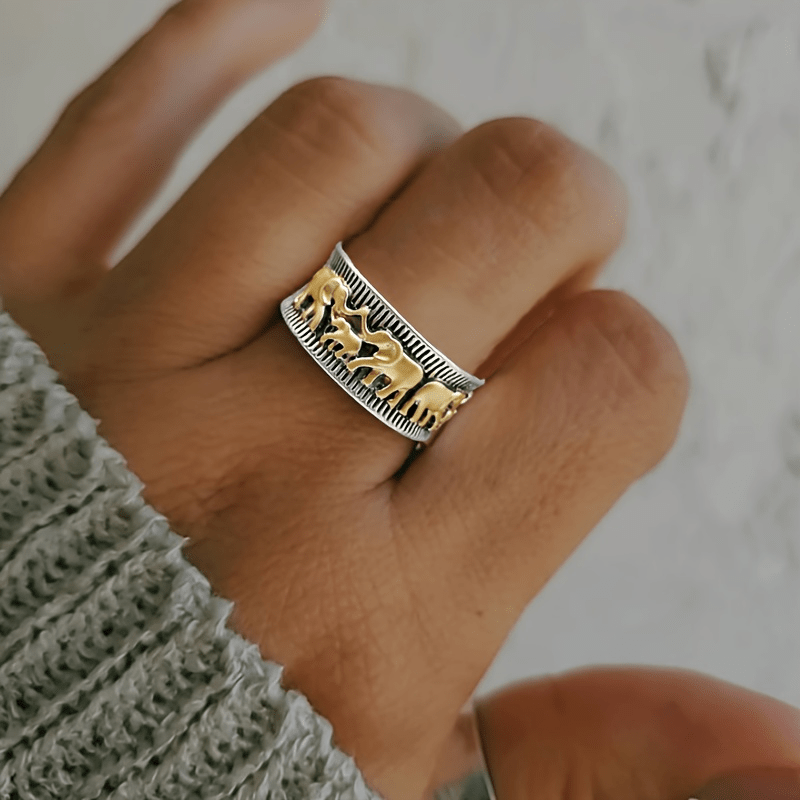 

1pc Elephant Pattern Bohemian Style Wide Band Ring, Vintage Design Band For Anniversary/birthday Gift, Party And Evening Wear, Holiday Jewelry
