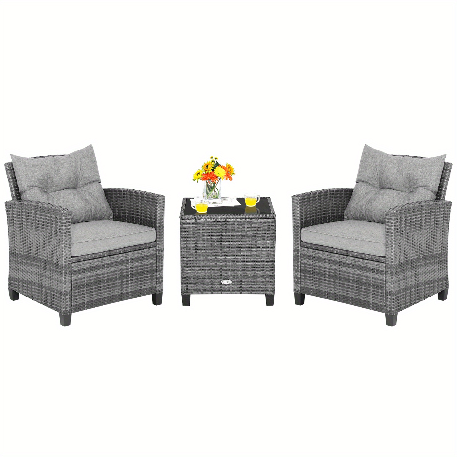 

Lifezeal 3pcs Patio Rattan Furniture Bistro Set Cushioned Sofas Side Table Armrest Grey