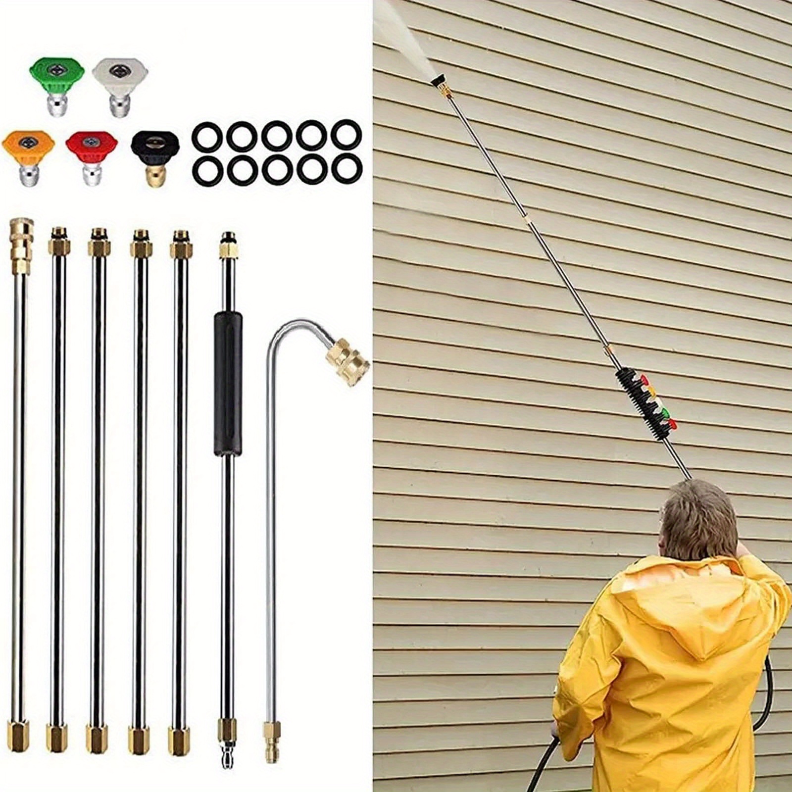 

7pc High-pressure Washer Wand Set With 5 - 7pcs Stainless Steel Rod Set With 5 Adjustable Nozzles, 1/4" Quick Connect, 4000psi, 120° Bent Rod With 10 Leak-proof O-rings, Easy Outdoor Cleaning