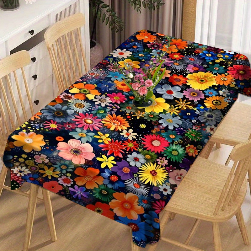 

Floral Polyester Tablecloth - Colorful Printed Waterproof Oil-proof For Dining, Picnic, Parties - Square Woven Table Cover For Kitchen And Living Room Decoration - 1pc
