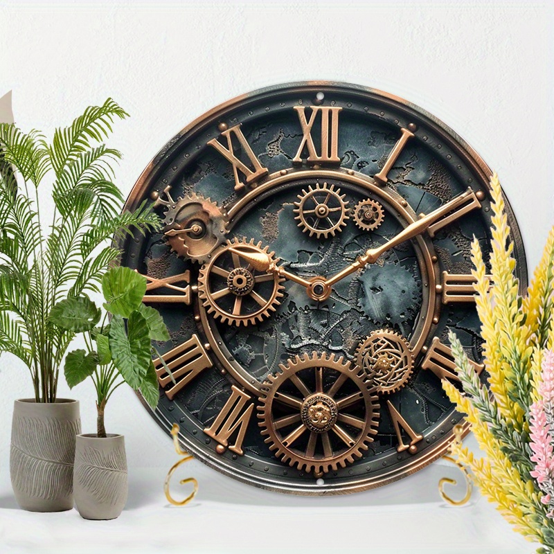 

1pc Steampunk Gears Clock - Waterproof Aluminum Metal Wall Art Decor For Home, Bar, Cafe - Pre-drilled, Weather-resistant Hd Print Sign (8x8")