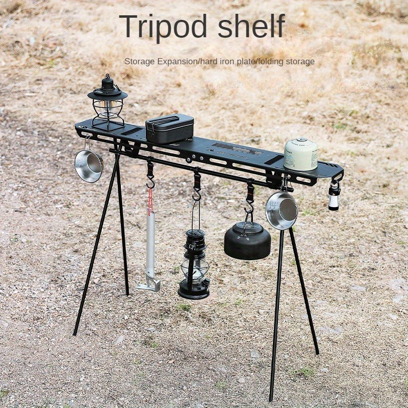 

Outdoor Camping Tripod Shelf - 1pc Metal Folding Portable Storage Rack With Hanging Hooks For Utensils, Ideal For Picnics & Hiking