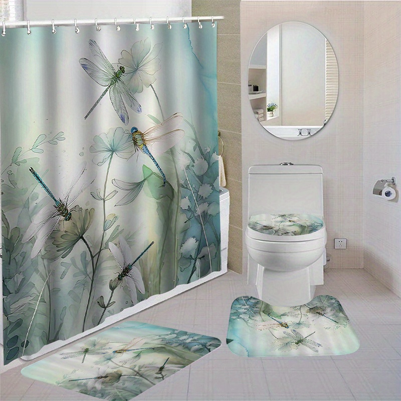 

1/4pcs Dragonfly Shower Curtain And Mats, Waterproof Shower Curtain With 12 Hooks, Non-slip Bathroom Rug, Toilet U-shape Mat, Toilet Lid Cover Pad, Bathroom Decor, Shower Curtain Sets For Bathrooms