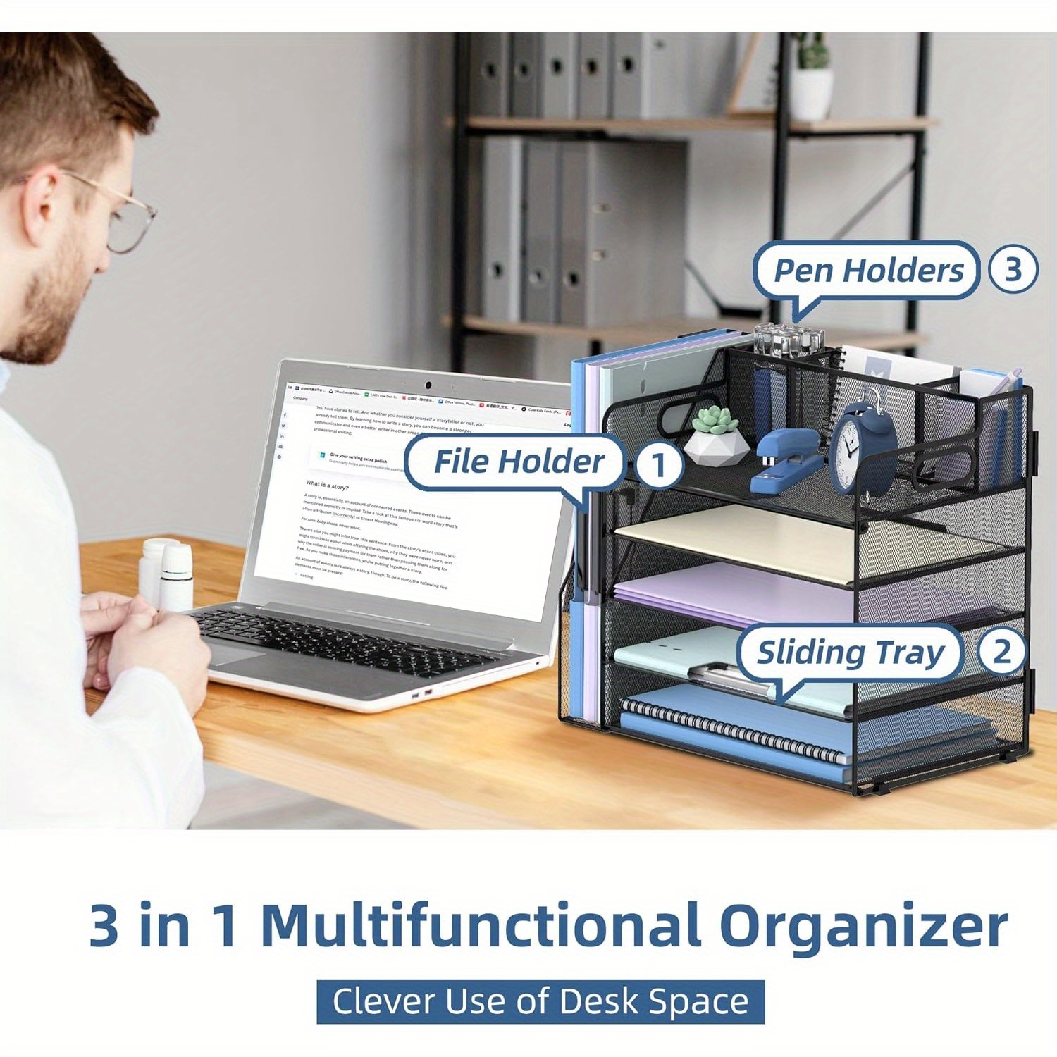 

Sharkwoods 5 Tier Desktop File Organizer With 3 Pen Holders, Desk Organizer With File Holder, Paper Letter Tray For Office Home Organization & Storage, Mesh Desk Accessories & Supplies