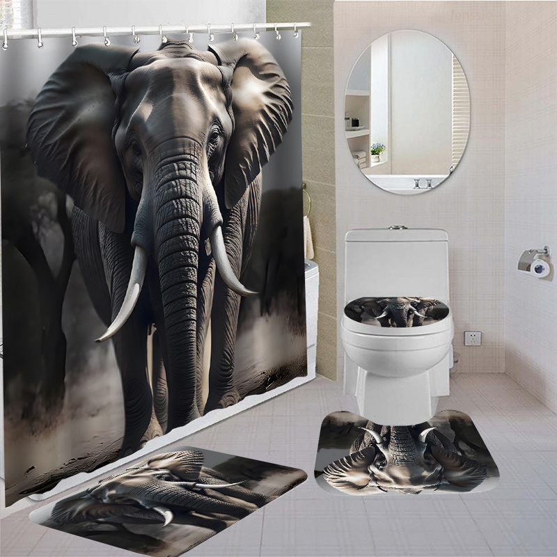 

1/4pcs Elephant Shower Curtain And Mats, Waterproof Shower Curtain With 12 Hooks, Non-slip Bathroom Rug, Toilet U-shape Mat, Toilet Lid Cover Pad, Bathroom Decor, Shower Curtain Sets For Bathrooms