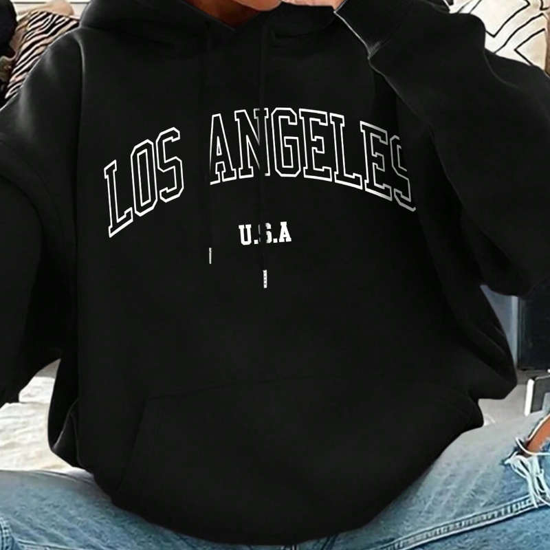 

Los Angeles Print Kangaroo Pocket Hoodie, Casual Long Sleeve Drawstring Hoodies Sweatshirt, Women's Clothing