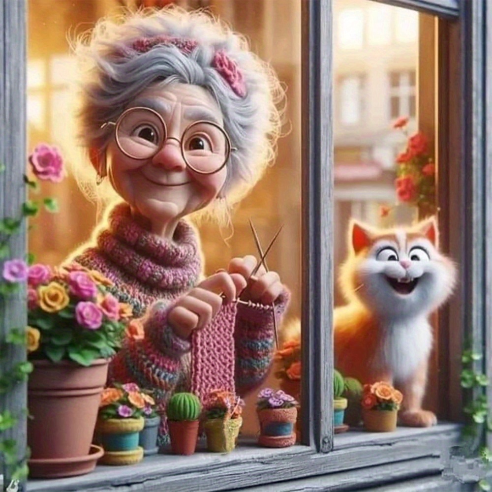 

Grandma And Cat Knitting 5d Diamond Painting Kit: 11.8x11.8 Inch, Mosaic Art, Diy, Wall Decoration, Gift, Waterproof Canvas, Diamond Pens, Adhesive, Plastic Tray, And Diamond Beads
