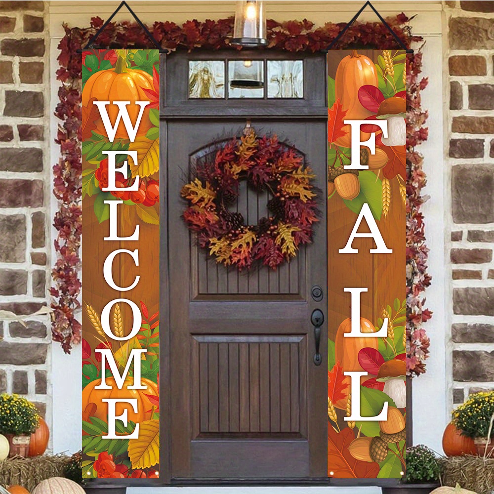 

Festive Fall Welcome Banner: Polyester, Autumnal Door Decor With Pumpkins, Leaves, And Grains - Perfect For Thanksgiving, Harvest, And General Fall Décor
