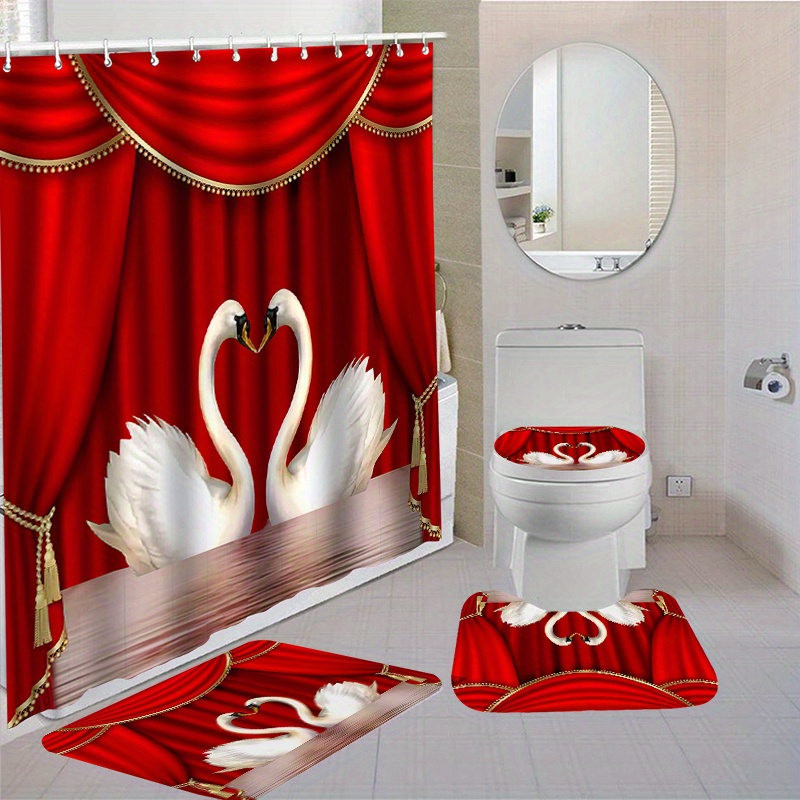 

1/4pcs Swan Love Themed Bathroom Set, Waterproof Polyester Shower Curtain With 12 Hooks, Non-slip Bath Mat, Toilet Lid Cover, And U-shaped Contour Rug, Machine Washable, Curtain For Bathroom Decor