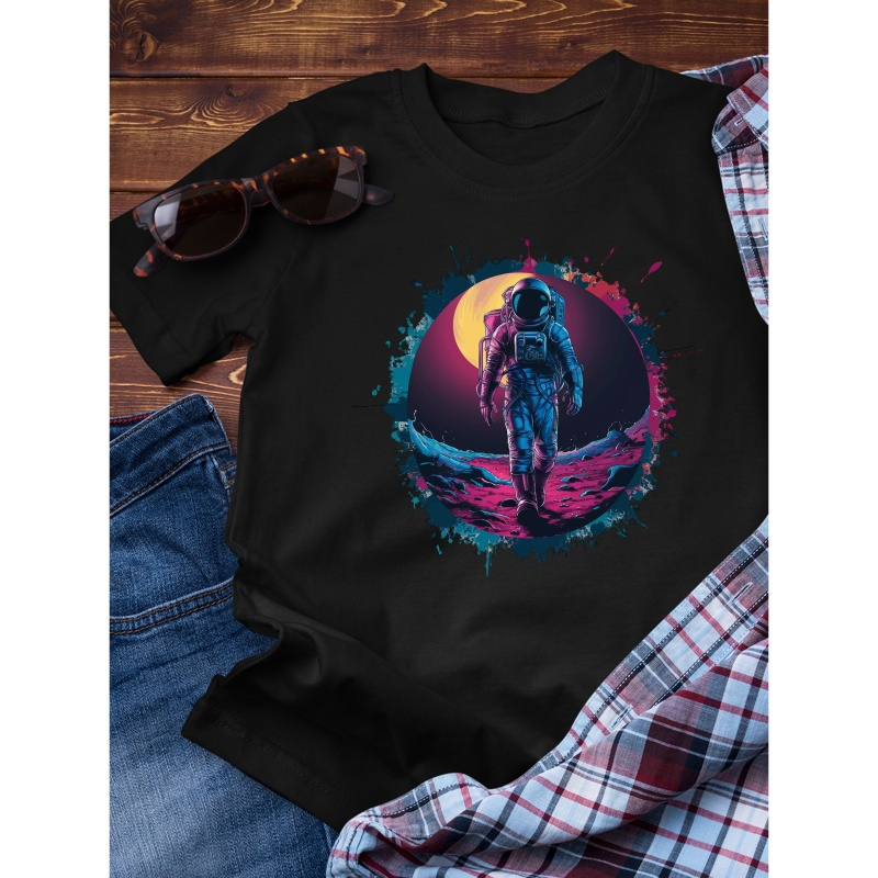 

' Astronaut On Colorful Planet 'creative Print Men's Cotton Short Sleeve T-shirt, Casual Round Neck Top, Versatile And Comfortable Tee, Spring& Summer Collection