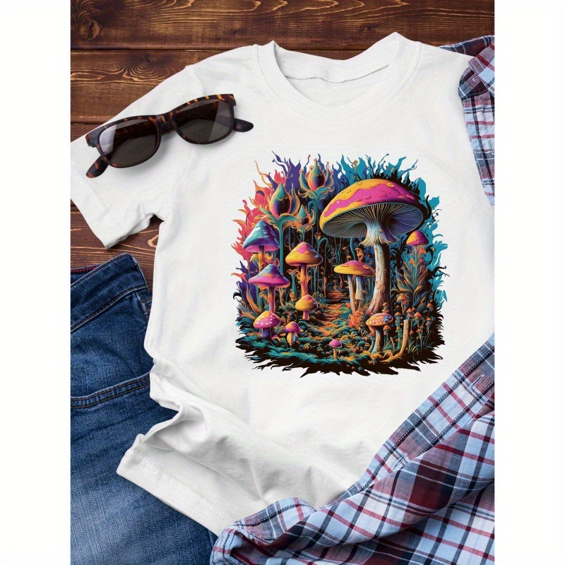 

Mushrooms Creative Print Men's Cotton Short Sleeve T-shirt, Casual Round Neck Top, Versatile And Comfortable Tee, Spring& Summer Collection