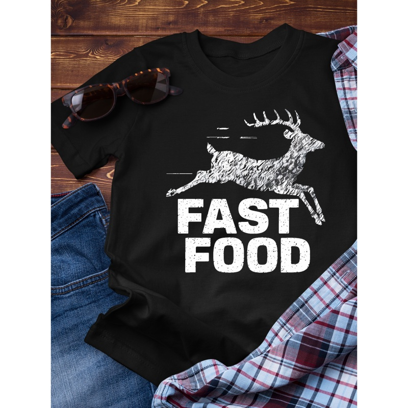 

Deer Fast Food Creative Print Men's Cotton Short Sleeve T-shirt, Casual Round Neck Top, Versatile And Comfortable Tee, Spring& Summer Collection