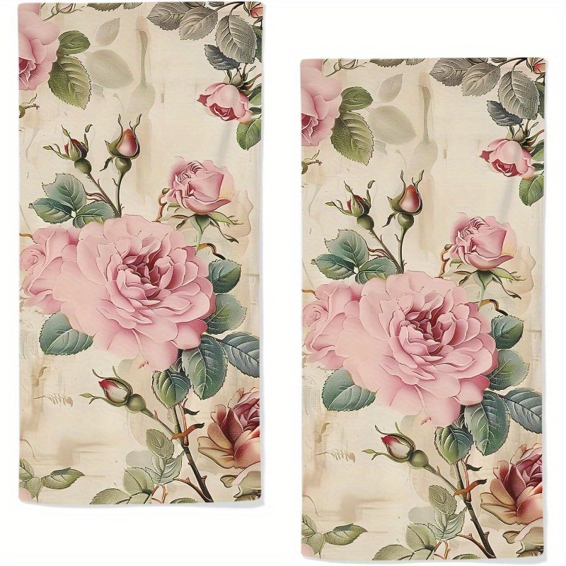 

Set Of 2 Vintage Chic Rose Floral Hand Towels - Woven Polyester Blend, Modern Style, Super Soft, Machine Washable, Highly Absorbent Kitchen And Bathroom Decorative Towels - 18x26 Inches