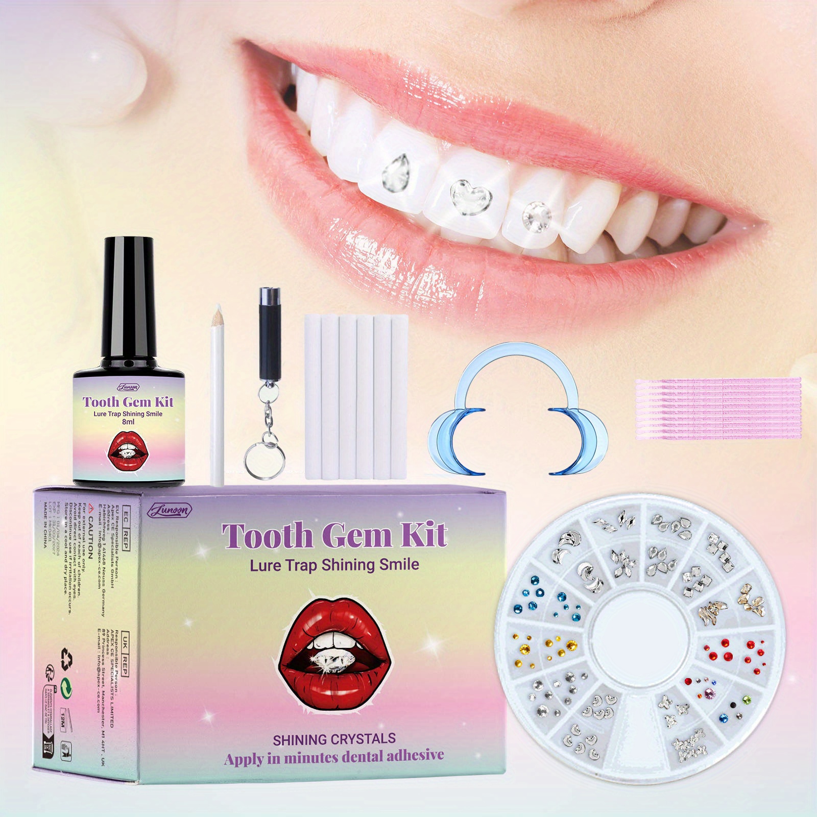 

21-piece Diy Tooth Gem Kit - Professional Fashion Teeth Jewelry Starter Set With Crystals & Tools, Odorless