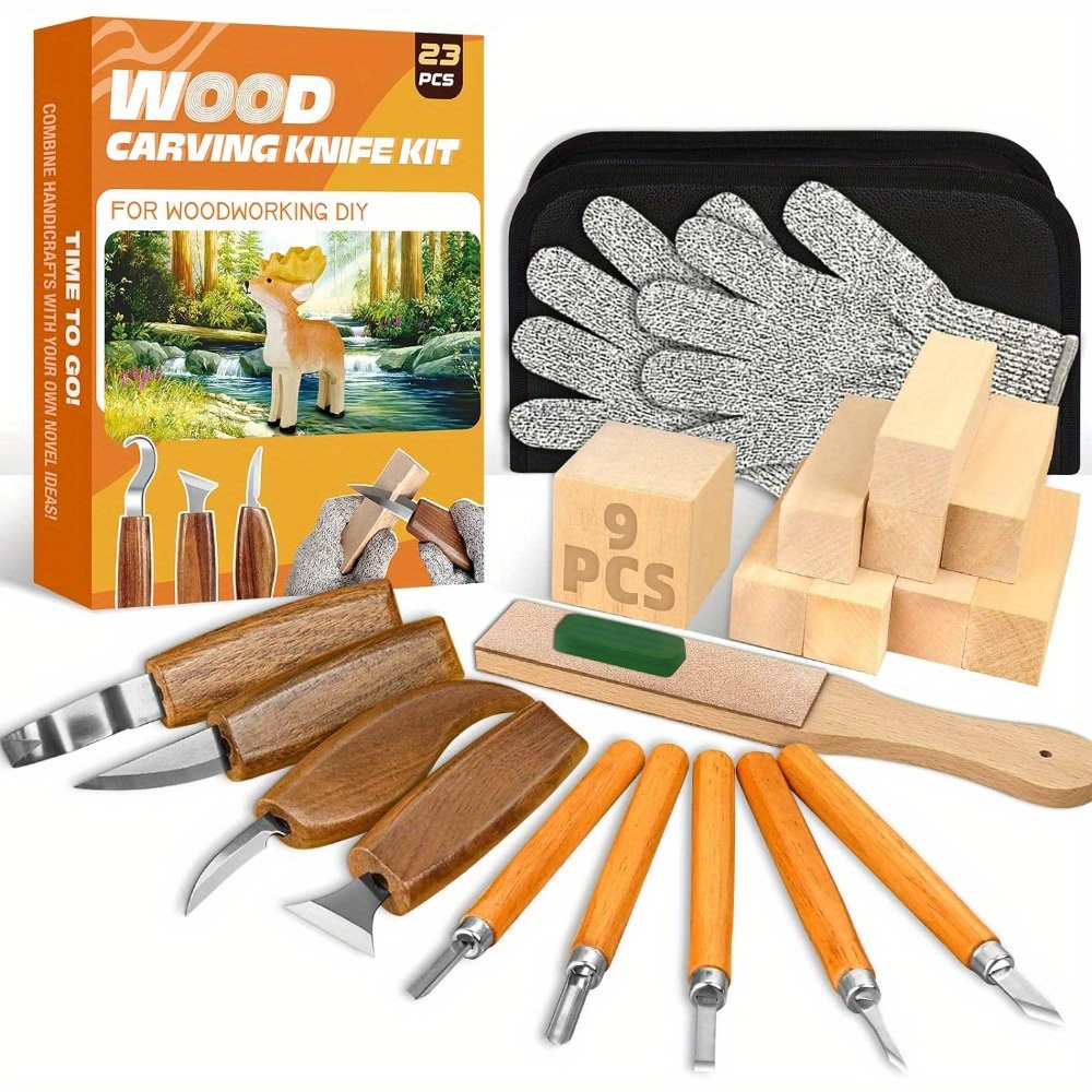 

Wood Carving Kit, 23pcs Wood Carving Tool With 4pcs Wood Carving Knives & 5pcs Detail Knives 9 Basswood Blocks & Gloves & Roll Bag & Strop & Polishing Compound Whittling Kit Hobbies For Adults