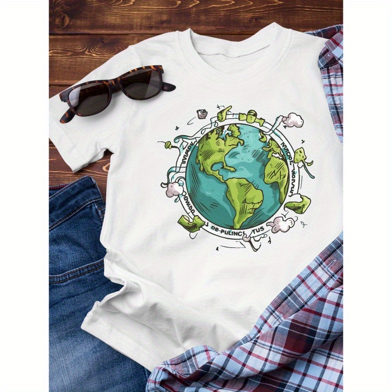 

Earth Creative Print, Men's Casual Round Neck Cotton T-shirt, Simplistic Style, Comfortable Fit For Everyday Wear