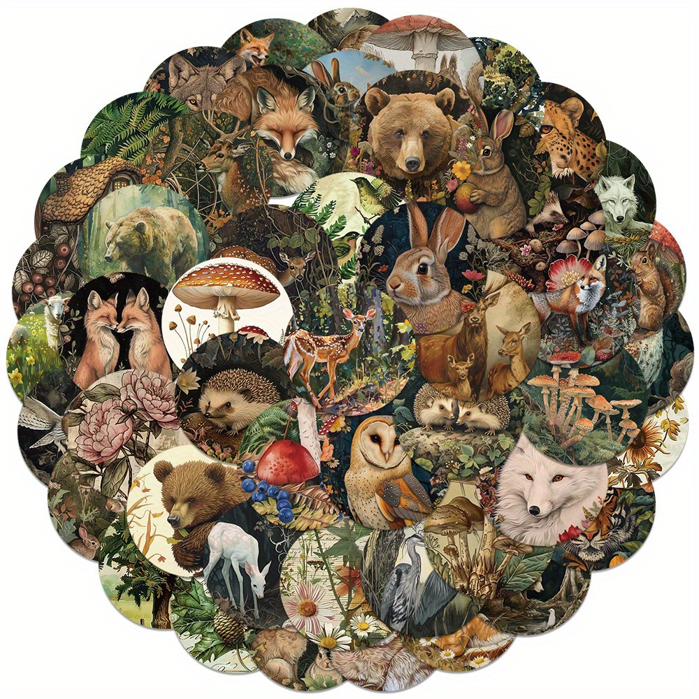 50pcs Vintage Forest Animals Seal Aesthetics Stickers Ins Doodle Cartoon Art Cute Cool Deacls Pack Decoration Suitcase Water Bottle Diy Laptop Skateboard Luggage Party Gif