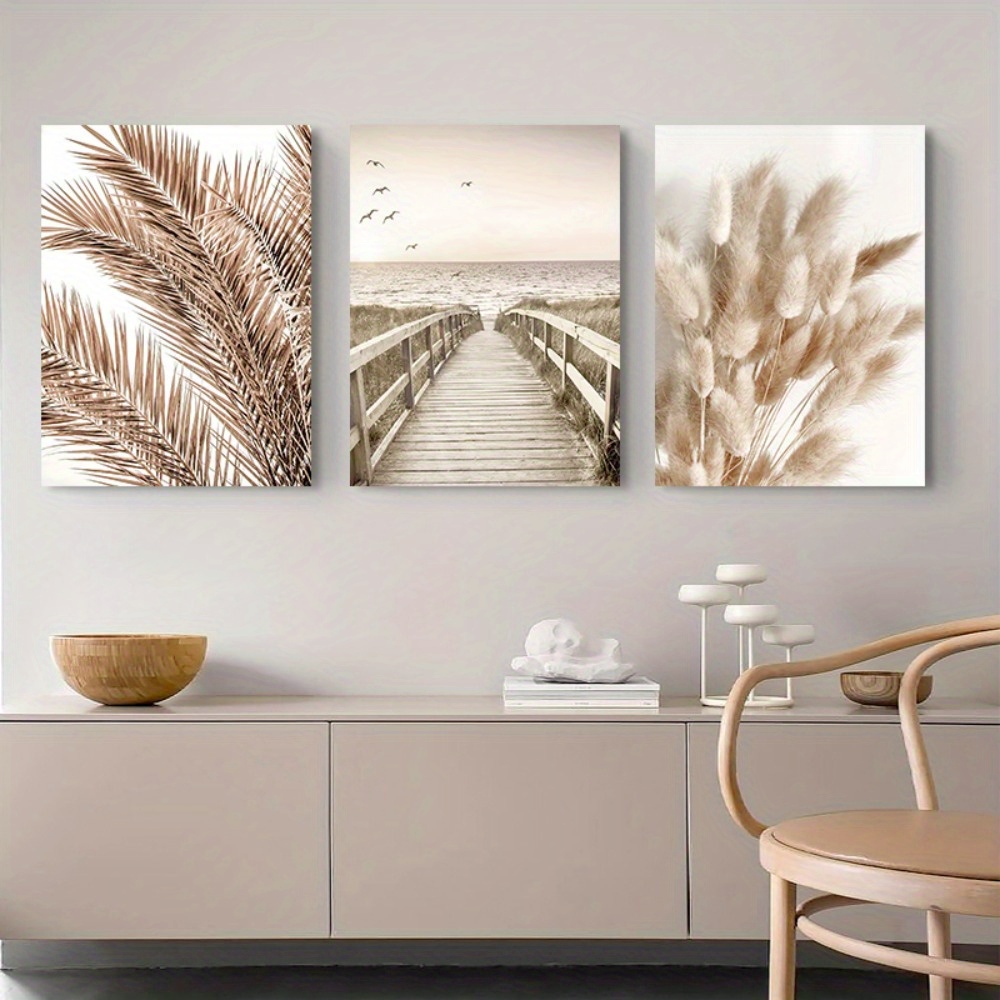 

Framed 3 Piece Botanical Nature Wall Art Prints Floral Reed Canvas Art Grass And Seascape Pier Scenery Wall Art Modern Posters Minimalist Style Aesthetic Artwork For Living Room Home