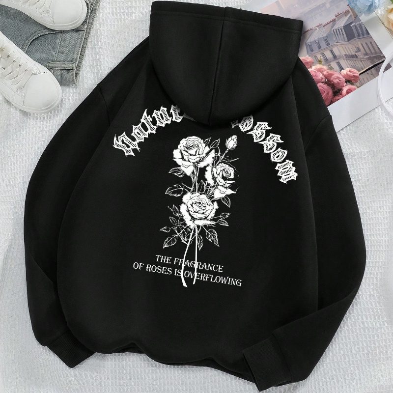 

Sweat à capuche kangourou imprimé de roses, sweat-shirt à manches longues décontracté avec cordon de serrage, vêtements pour femmes