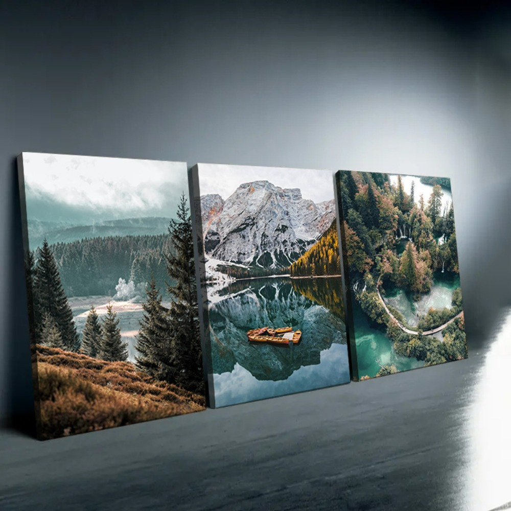 

Framed 3 Piece Nature Landscape Canvas Painting Scandinavian Scenery Forest Wall Art Print Lake Boat Mountain Art Poster Nordic Painting Decorative Picture Modern Home Decoration