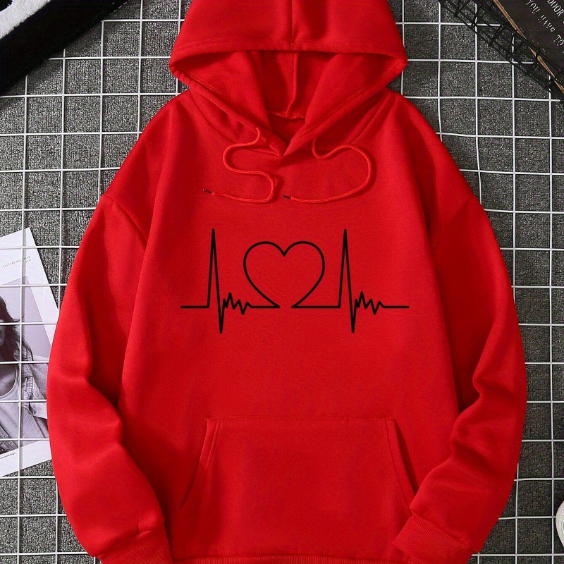 

Heart Print Kangaroo Pocket Hoodie, Casual Long Sleeve Drawstring Hoodies Sweatshirt, Women's Clothing