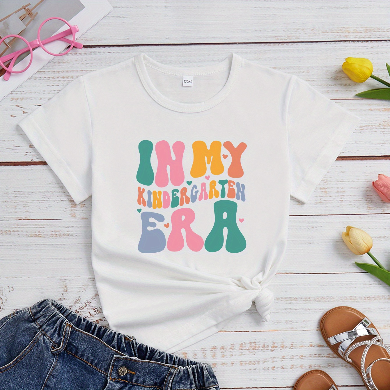 

Girls' Summer Fashion Casual "in My Kindergarten Era" Printed T-shirt, Short Sleeve Round Neck Top With Trendy Graphic Design