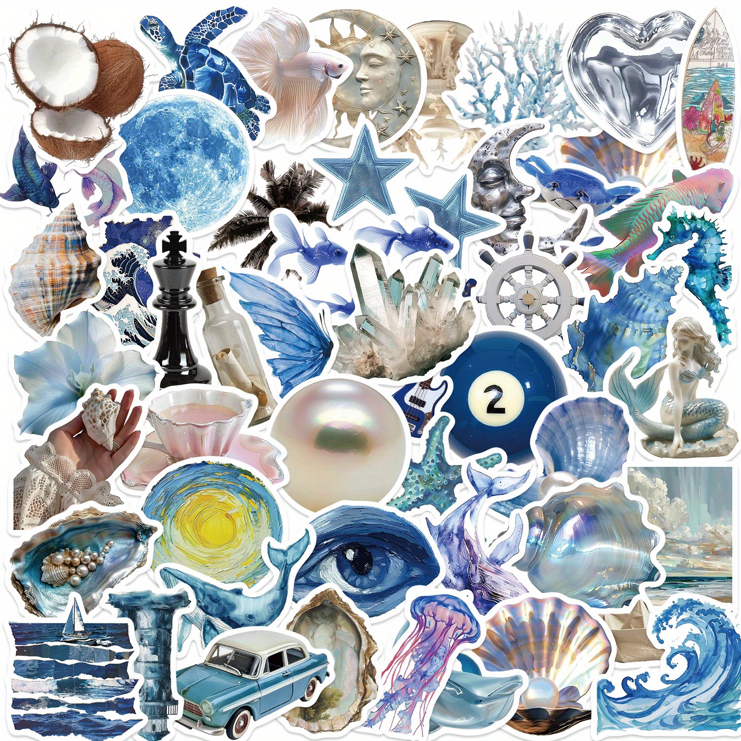 

50-piece Ocean-inspired Waterproof Stickers - Blue Shell, Pearl & Whale Designs For Motorcycles, Laptops, Phones, Skateboards & More