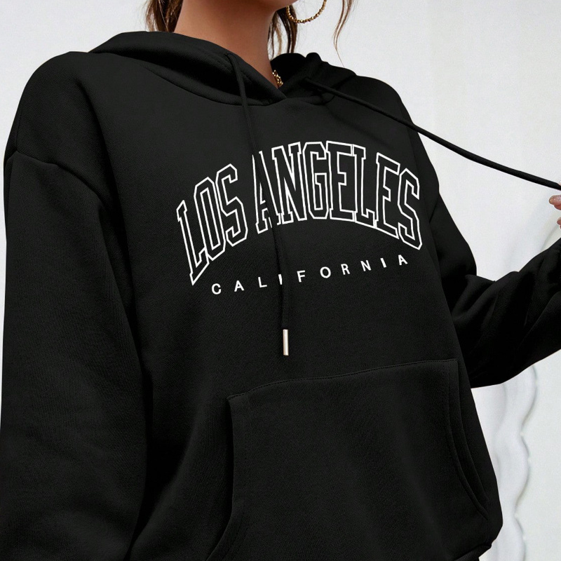 

Los Angeles Print Kangaroo Pocket Hoodie, Casual Long Sleeve Drawstring Hoodies Sweatshirt, Women's Clothing