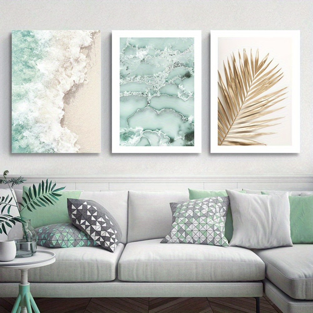 

Framed 3 Piece Sand Waves Canvas Wall Art Golden Palm Posters Abstract Green Marble Line Coral Wall Art Print Modern Canvas Painting Wall Pictures For Living Room Decor