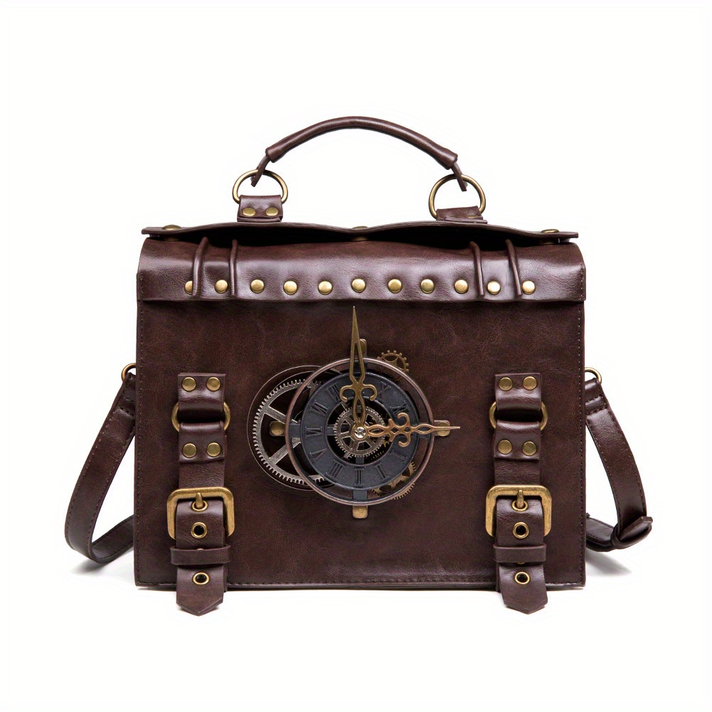 Vintage Steampunk Gear Shoulder Bag - Unique Punk Style PU Leather Messenger Crossbody Bag with Adjustable Strap and Industri...