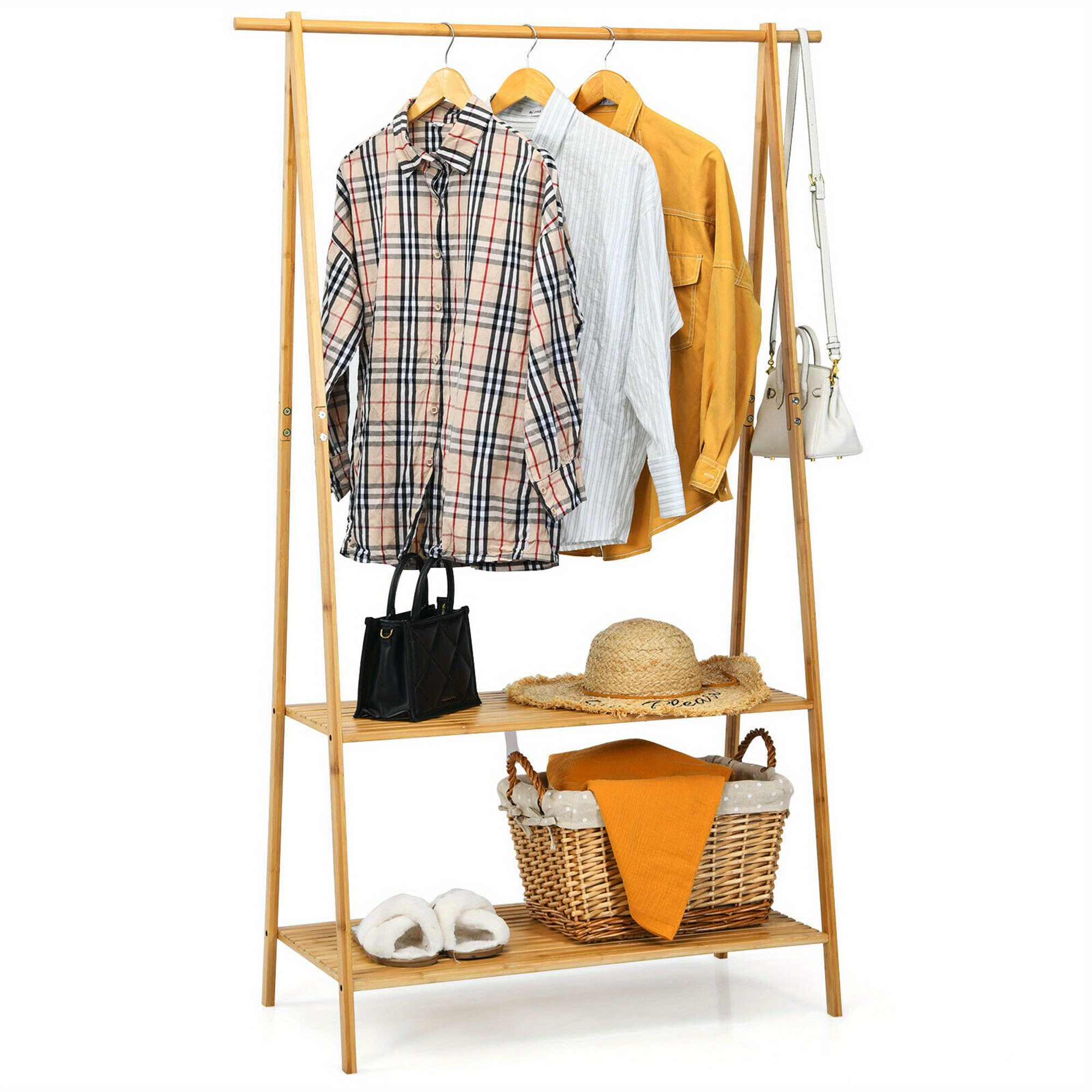 

Bamboo Garment Rack Clothes Hanging Rack W/2-tier Storage Shelf Entryway Bedroom