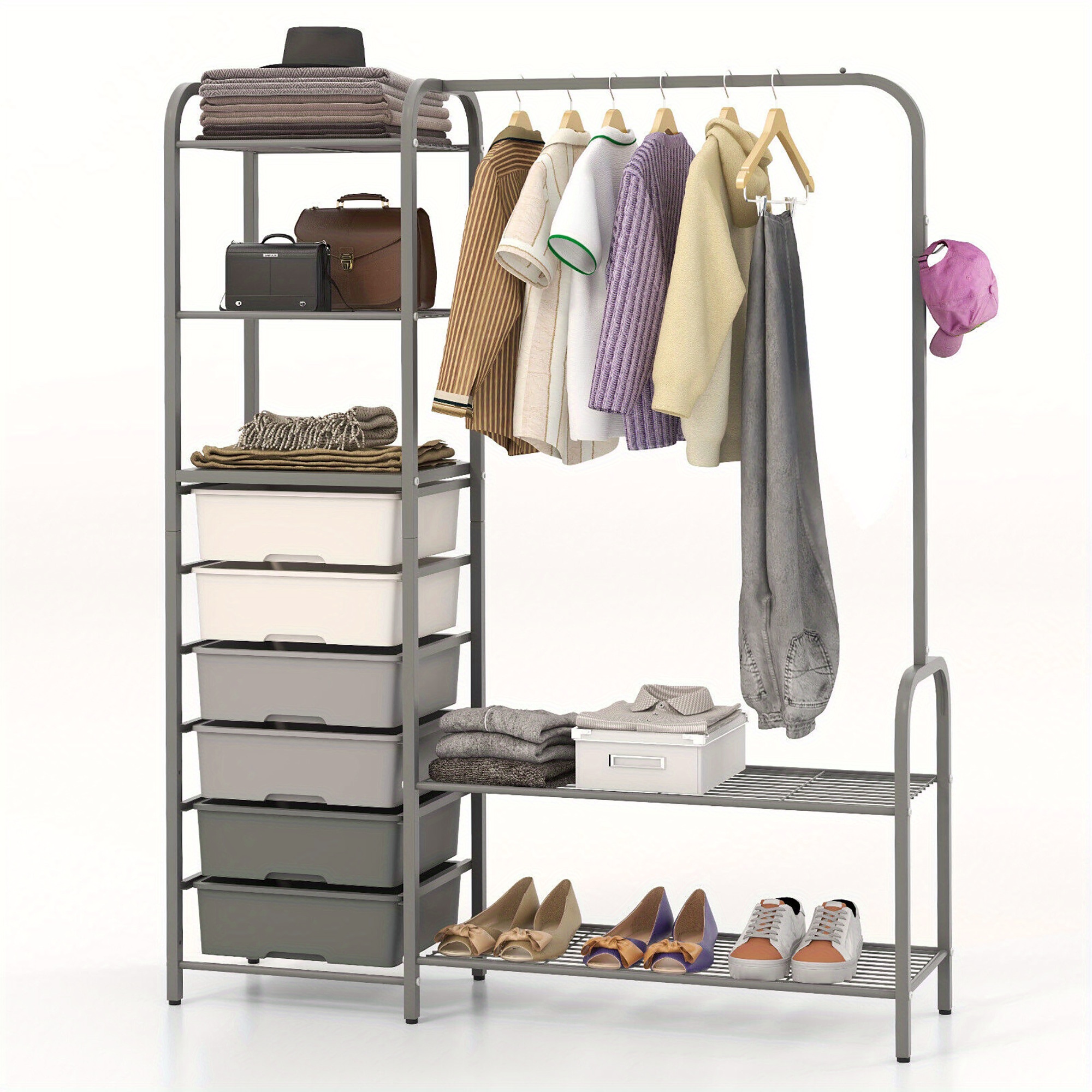 

Heavy Duty Metal Clothes Rack Freestanding Garment Rack W/ 6 Drawers & Shelves