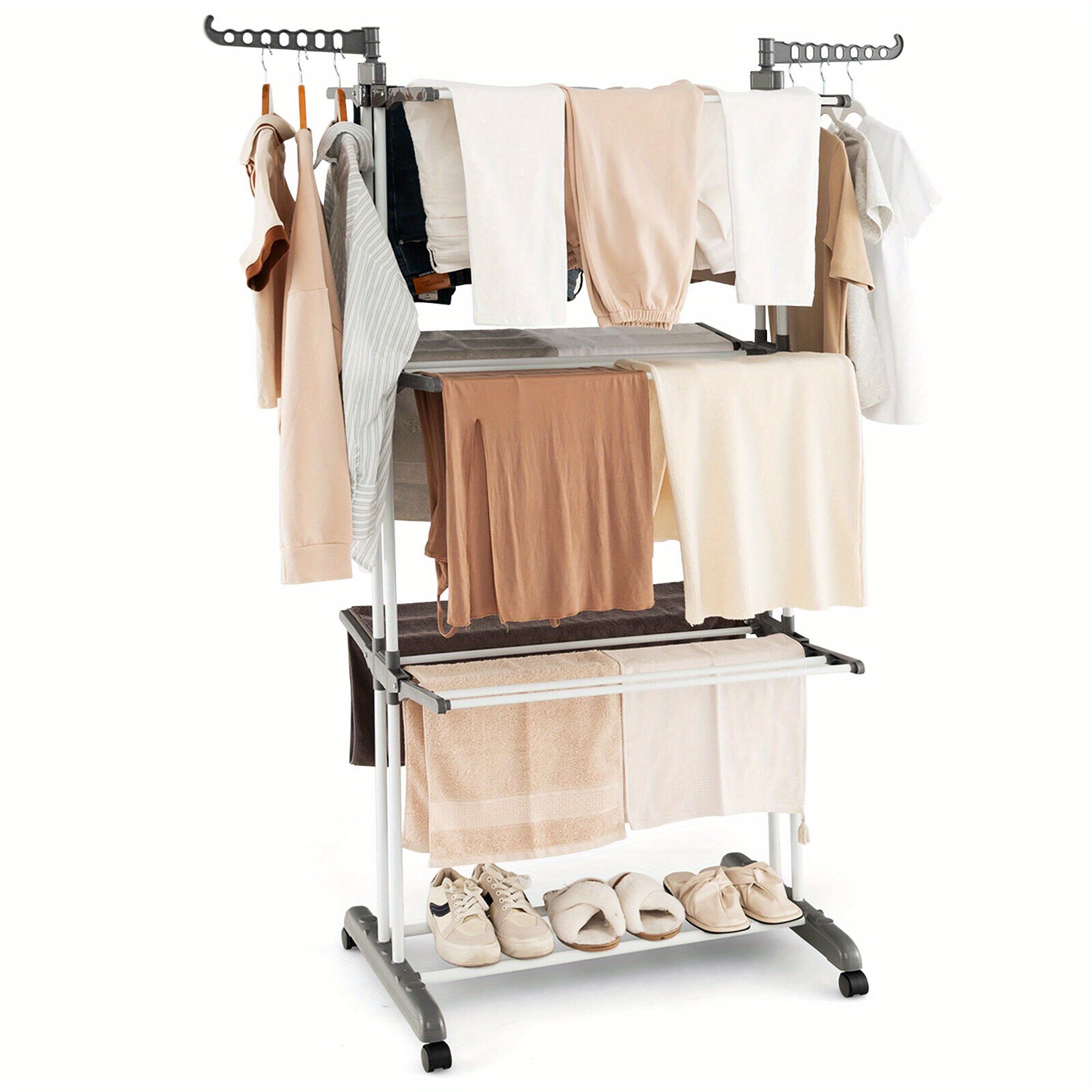 

3-tier Folding Clothes Drying Rack W/ Rotatable Side Wings & Collapsible Shelves